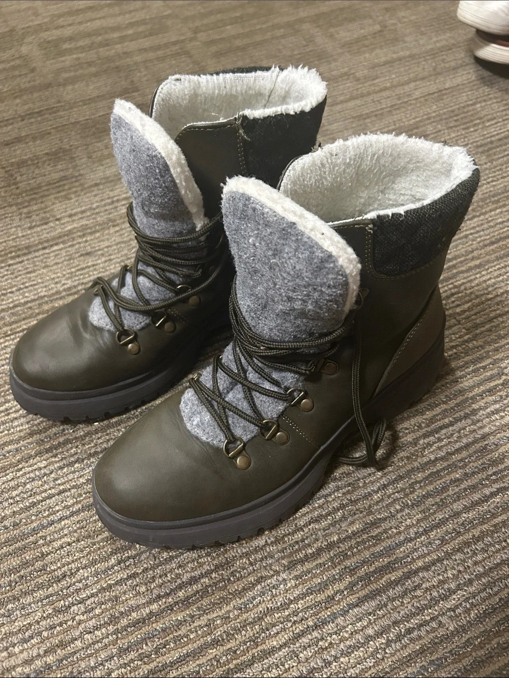 Maurices Olive Green Winter Lace-Up Boots with Gray Wool Tongue and Lining